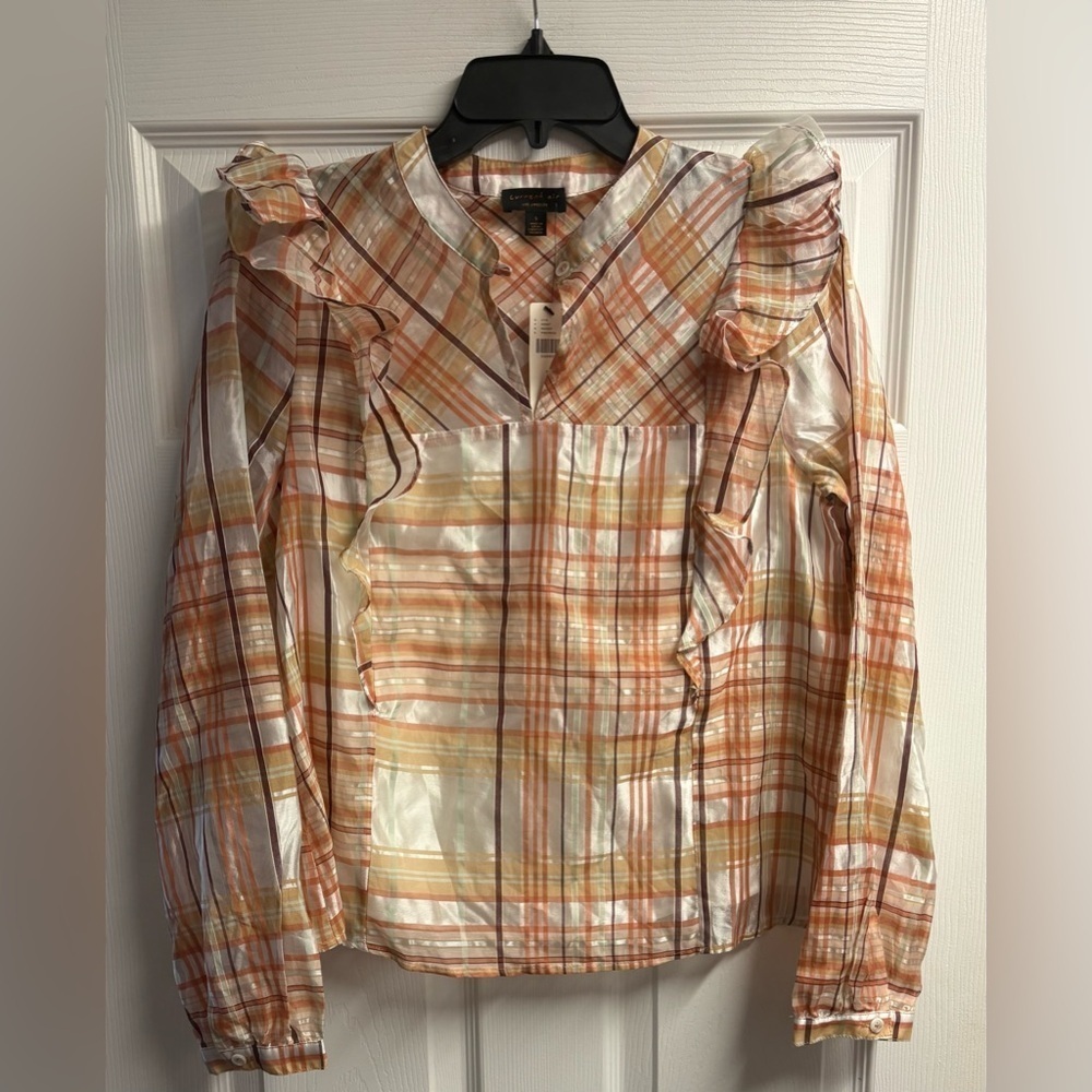 NWT Current Air Anthropologie Polly Organza Plaid Ruffle Yoke Blouse Size Small - Picture 2 of 5